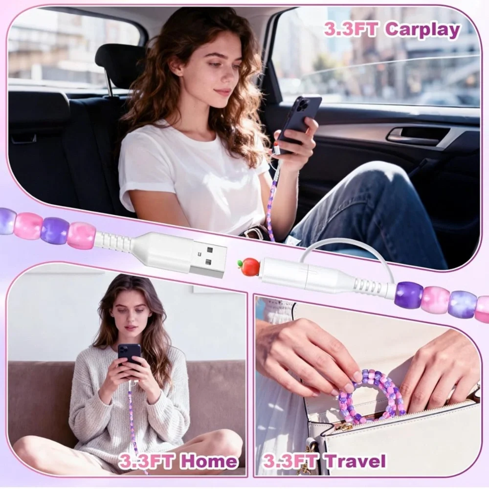 Beaded USB Charging Cable - Pink & Purple